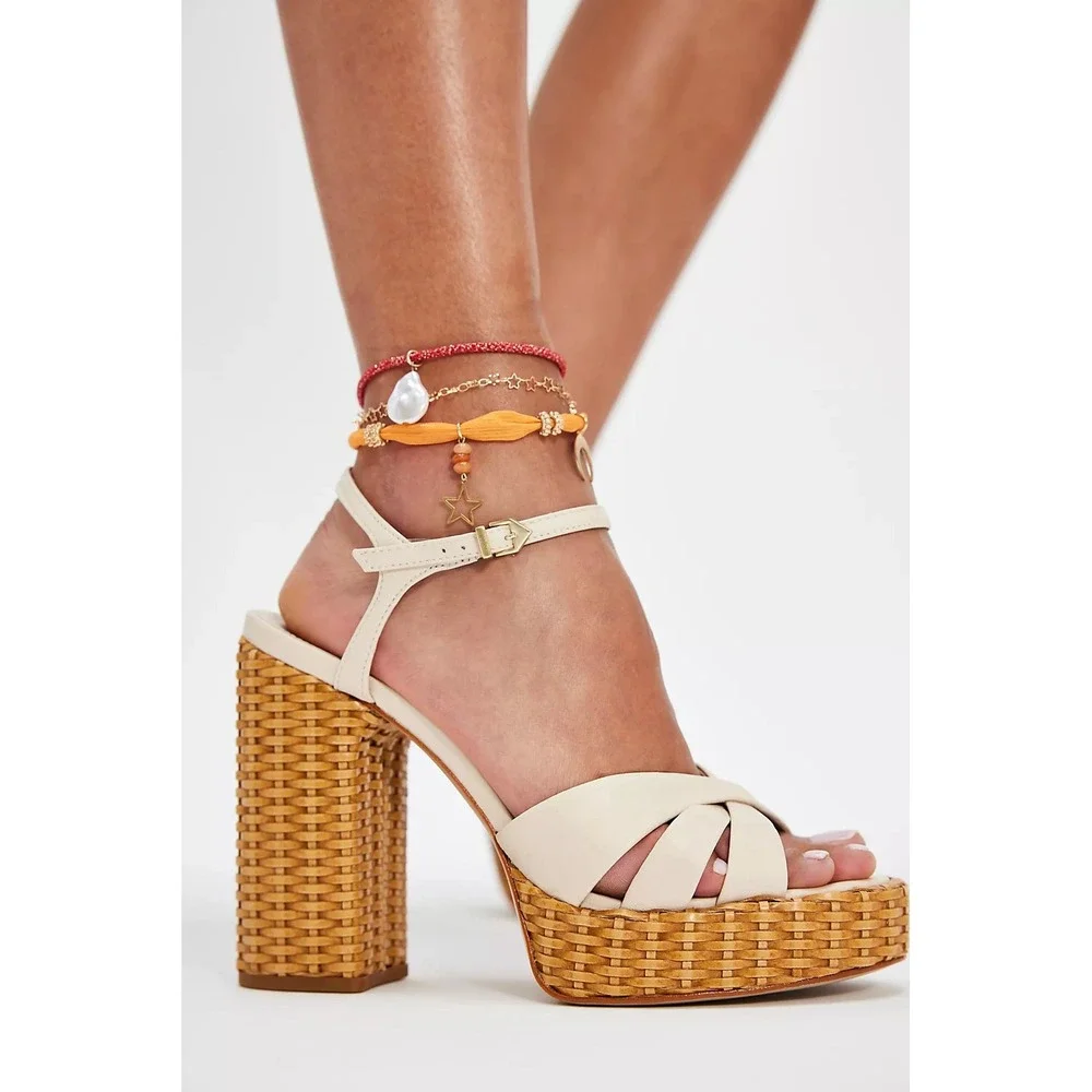 New Schutz Keefa Straw Platform Sandals Off White Leather‎ Woven Block Heel 9.5